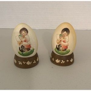 Vintage Pair (2) ANRI FERRANDIZ EGGS, HAND CARVED WOOD & PAINTED,MADE IN ITALY
